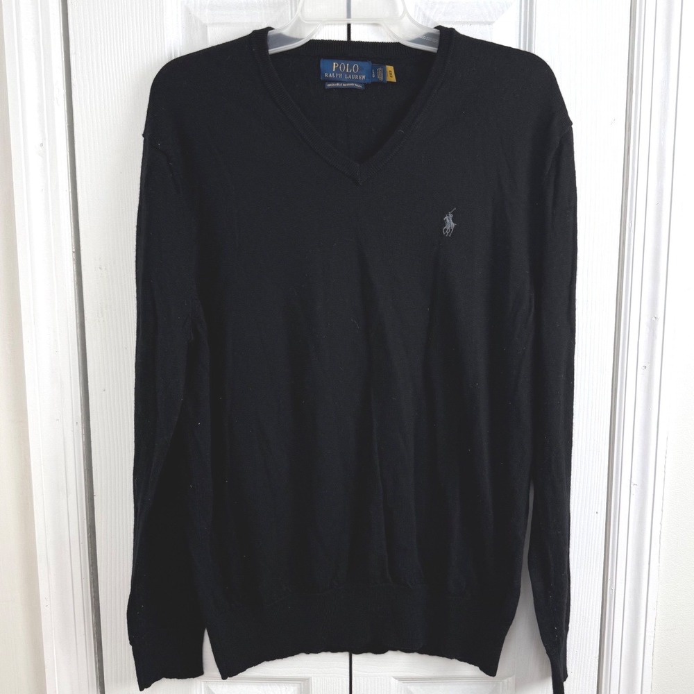 Polo Ralph Lauren Merino Wool‎ V Neck Sweater Mens L Black Classic Preppy